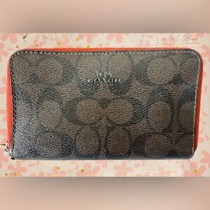 Coach Signature Dark Brown with Red Double Zip Wallet Clutch